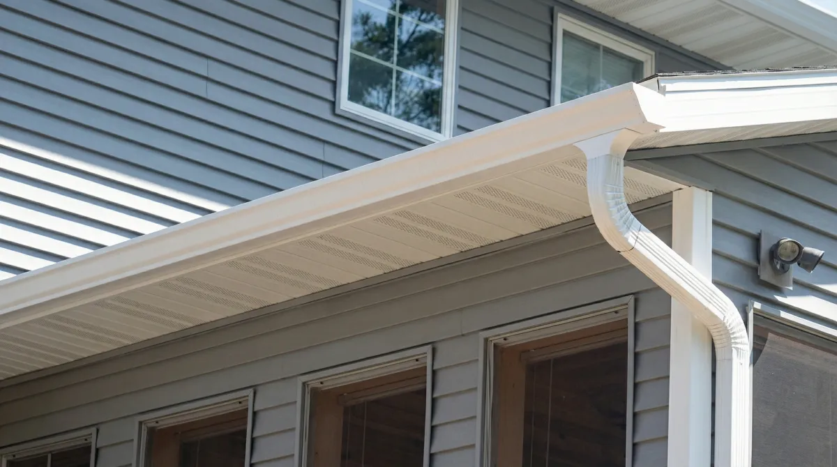 Professional home remodeling project showing newly installed white seamless gutters and downspouts on a house with gray siding in Louisville, KY