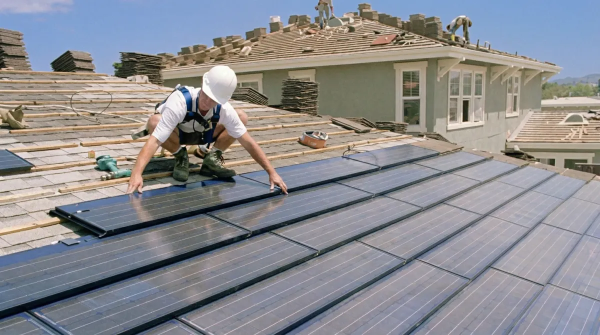 Roof replacement expert installing modern solar shingles on a residential home in Louisville, KY