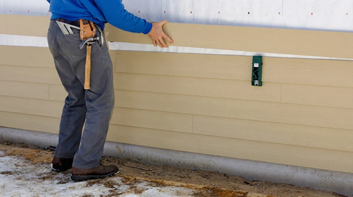 Siding replacement expert carefully aligning a new tan siding panel onto a residential exterior wall in Louisville, KY