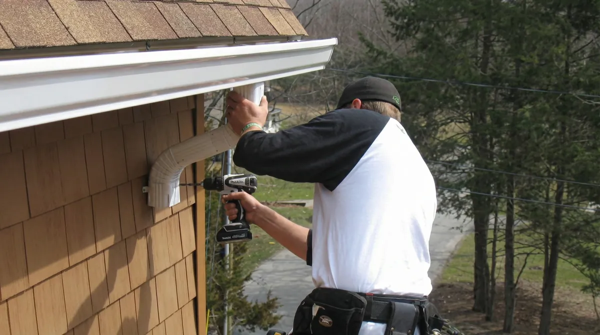 Professional contractor installing tan vinyl siding panels on a residential home exterior in Louisville, KY
