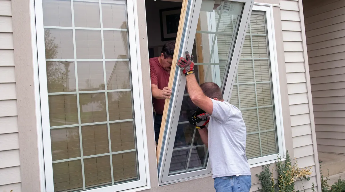 Professional home remodeling team installing a large replacement window on a house with tan siding in Louisville, KY
